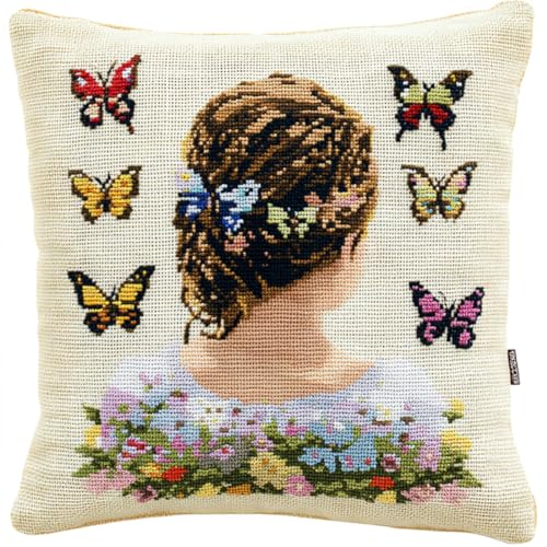Kitquiver Diy Knüpfen Set Frauenrücken Und Schmetterling Knüpfkissen-Sets,Grobes Kreuzstich-Set,Diy-Stickerei-Nadelspitzen-Kit Für Heimdekoration 17x17In von Kitquiver