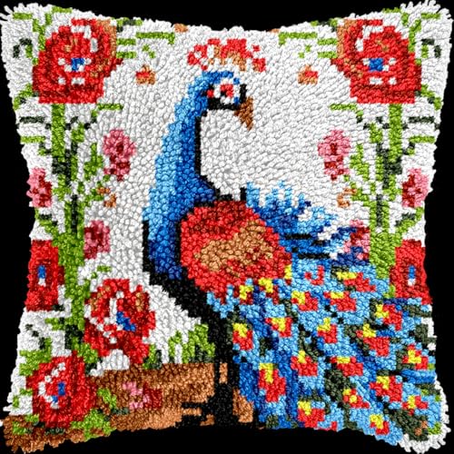 Kitquiver Diy Knüpfkissen Mit Vordruck Knüpfpackung Mit Kissenbezügen Zum Selbermachen, Knüpfpackung Für Teppiche, Stickpackung Mit Kreuzstich, Pfauentiere Und Blumen 17x17in von Kitquiver
