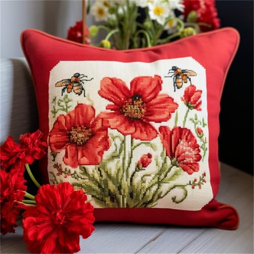 Kitquiver Diy Knüpfkissen Set Bunte Blumen Und Bienen Diy-Knüpfhäkel-Sets,Nadelspitzen-Set Für Heimdekoration,Handarbeitsset Für Erwachsene Anfänger 17x17In von Kitquiver