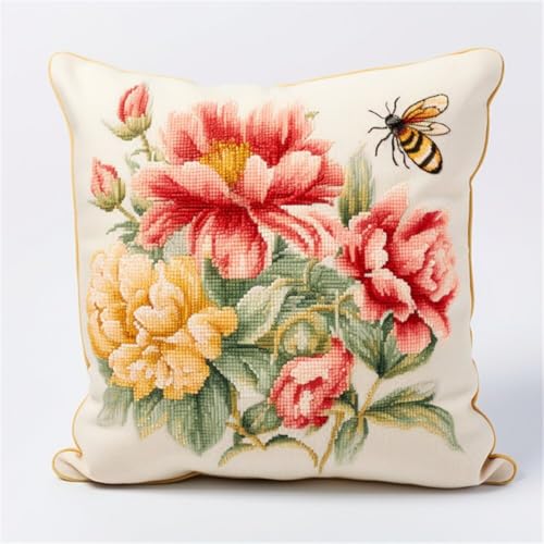 Kitquiver Diy Knüpfkissen Set Bunte Blumen Und Bienen Knüpfhäkel-Set Für Erwachsene Und Anfänger,Stickerei-Häkelset,Diy-Kissenbezug-Sets 17x17In von Kitquiver