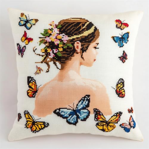 Kitquiver Diy Knüpfkissen Set Cartoon-Frau Und Schmetterling Knüpfhäkel-Set,Kissen,Diy-Teppich,Häkelnadel,Kissenherstellungs-Sets Mit Vorgedrucktem Muster Auf Leinwand 17x17In von Kitquiver