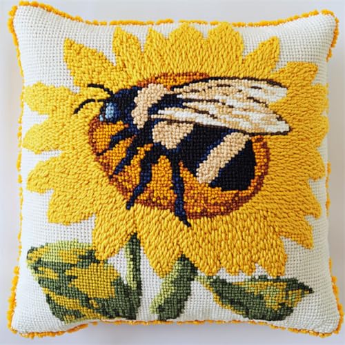 Kitquiver Diy Knüpfstern Cartoon-Biene Und Sonnenblume Diy-Knüpfhäkel-Sets,Bedruckte Kissen,Häkelgarn,Häkelnadel Und Knüpfset,Kissenbezug,Teppich,Heimdekoration 17x17In von Kitquiver
