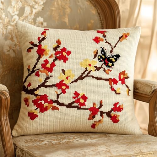 Kitquiver Diy Knüpfstern Cartoon-Blumen Und Schmetterlinge Knüpfkissen-Sets,Grobes Kreuzstich-Set,Diy-Stickerei-Nadelspitzen-Kit Für Heimdekoration 17x17In von Kitquiver