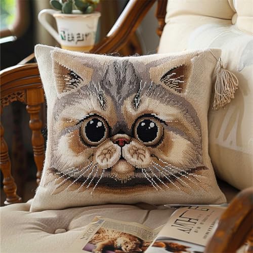 Kitquiver Diy Knüpfstern Cartoon-Katze-Tier Diy-Kissenbezug Mit Gobelin-Stickerei,Kissen-Set Für Die Heimdekoration,Stickset Für Anfänger 17x17In von Kitquiver
