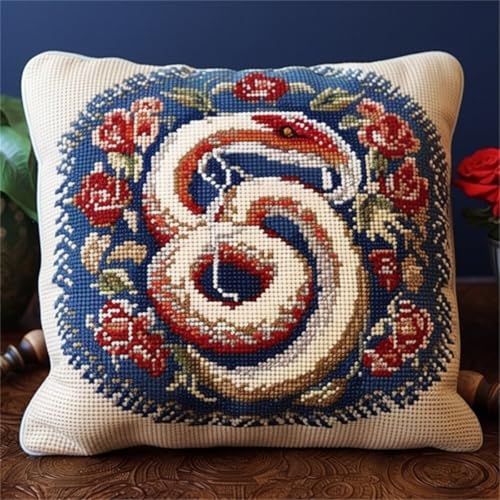 Kitquiver Diy Knüpfstern Schlangentier Und Blume Knüpfkissen-Sets,Grobes Kreuzstich-Set,Diy-Stickerei-Nadelspitzen-Kit Für Heimdekoration 17x17In von Kitquiver
