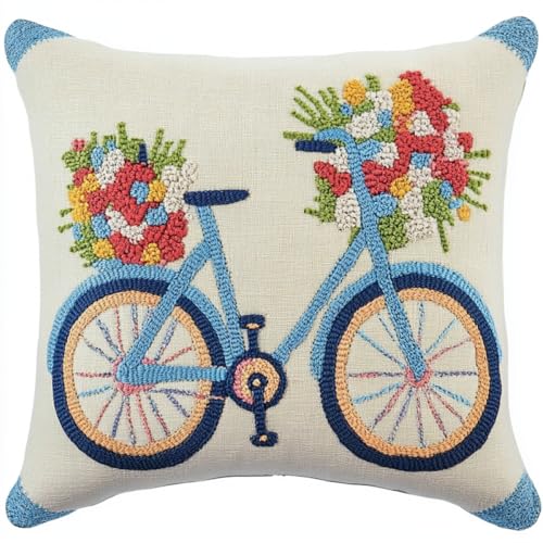 Kitquiver Karikatur Diy Knüpfen Set Fahrrad Und Blumen Diy-Kissenbezug Mit Gobelin-Stickerei,Kissen-Set Für Die Heimdekoration,Stickset Für Anfänger 17x17in von Kitquiver