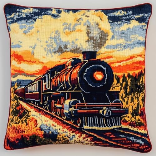 Kitquiver Karikatur Diy Knüpfkissen Set Retro-Zug Kreuzstich-Sets Zur Herstellung Von Kissenbezügen,Diy-Knüpfhäkel-Set Für Teppiche 17x17in von Kitquiver