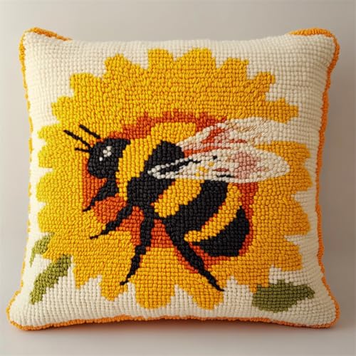 Kitquiver Kissen Knüpfen Set Erwachsene Cartoon-Biene Und Sonnenblume Diy-Knüpfhäkel-Sets,Bedruckte Kissen,Häkelgarn,Häkelnadel Und Knüpfset,Kissenbezug,Teppich,Heimdekoration 17x17In von Kitquiver