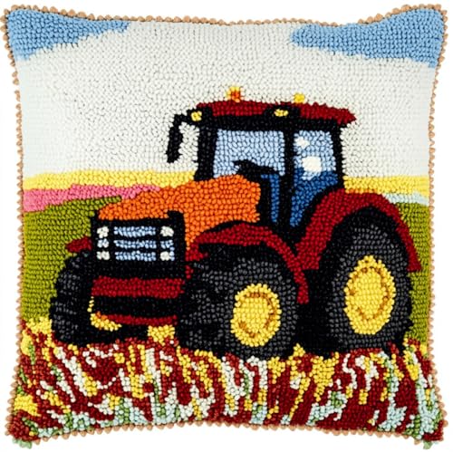 Kitquiver Kissen Knüpfen Set Erwachsene Cartoon-Traktor Knüpfhäkel-Set,Kissen,Diy-Teppich,Häkelnadel,Kissenherstellungs-Sets Mit Vorgedrucktem Muster Auf Leinwand 17x17in von Kitquiver