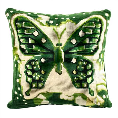 Kitquiver Kissen Knüpfen Set Erwachsene Fantasie Grüner Schmetterling Diy-Kissenbezug Mit Gobelin-Stickerei,Kissen-Set Für Die Heimdekoration,Stickset Für Anfänger 17x17In von Kitquiver