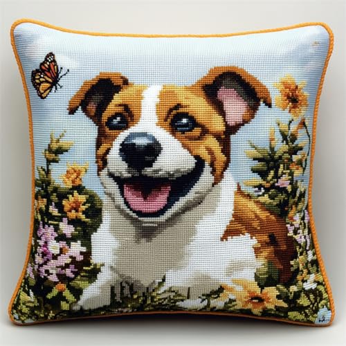 Kitquiver Kissen Knüpfen Set Erwachsene Jack Russell Terrier Tier Und Blumen Knüpfkissen-Sets,Grobes Kreuzstich-Set,Diy-Stickerei-Nadelspitzen-Kit Für Heimdekoration 17x17In von Kitquiver
