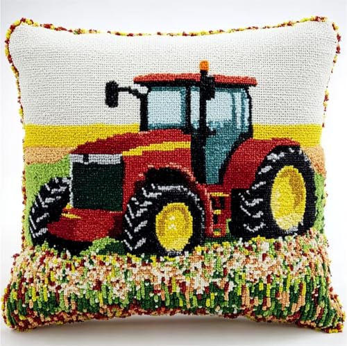 Kitquiver Knüpfen Set Anfänger Cartoon-Traktor Diy-Knüpfhäkel-Sets,Bedruckter Kissenbezug,Heimdekoration 17x17in von Kitquiver