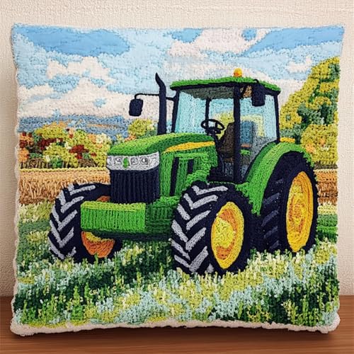 Kitquiver Knüpfen Set Anfänger Cartoon-Traktor Knüpfkissen-Sets,Grobes Kreuzstich-Set,Diy-Stickerei-Nadelspitzen-Kit Für Heimdekoration 17x17in von Kitquiver