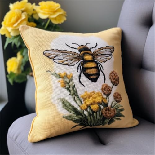 Kitquiver Knüpfen Set Erwachsene Bunte Blumen Und Bienen Knüpfhäkel-Set,Kissen,Diy-Teppich,Häkelnadel,Kissenherstellungs-Sets Mit Vorgedrucktem Muster Auf Leinwand 17x17In von Kitquiver