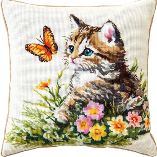 Kitquiver Knüpfhaken Set Kissen Cartoon-Katze Und Blumen Knüpfkissen-Sets,Grobes Kreuzstich-Set,Diy-Stickerei-Nadelspitzen-Kit Für Heimdekoration 17x17In von Kitquiver