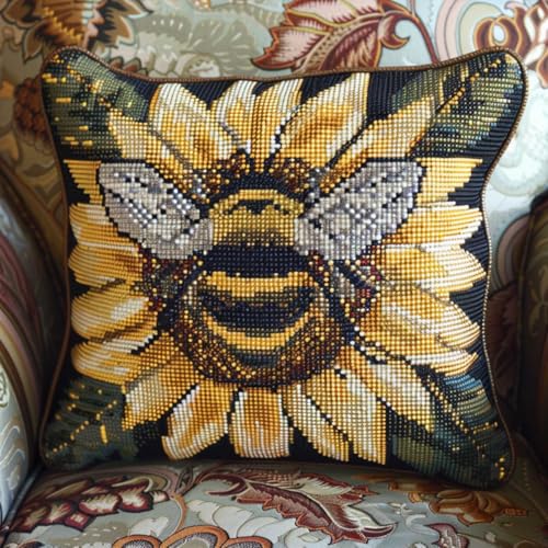 Kitquiver Knüpfhaken Set Kissen Sonnenblume Und Biene Kreuzstich-Sets Zur Herstellung Von Kissenbezügen,Diy-Knüpfhäkel-Set Für Teppiche 17x17In von Kitquiver