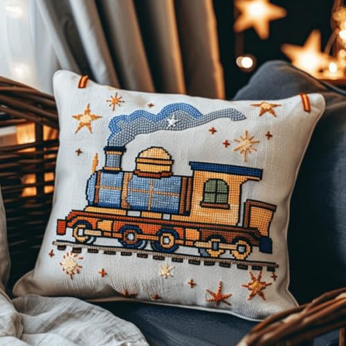 Kitquiver Knüpfkissen Mit Vordruck Cartoon-Zug Diy-Knüpfhäkel-Sets,Bedruckte Kissen,Häkelgarn,Häkelnadel Und Knüpfset,Kissenbezug,Teppich,Heimdekoration 17x17in von Kitquiver
