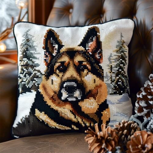 Kitquiver Knüpfkissen Mit Vordruck Deutscher Schäferhund Tier Im Schnee Häkel-Handarbeiten Mit Knüpfwerkzeug Für Erwachsene,Diy-Kissen-Sets Für Heimdekoration 17x17In von Kitquiver