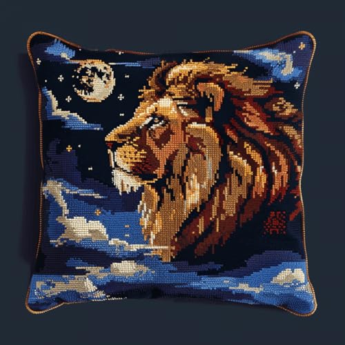 Kitquiver Knüpfkissen Mit Vordruck Fantasie Löwe Und Mond Knüpfhäkel-Set Für Erwachsene Und Anfänger,Stickerei-Häkelset,Diy-Kissenbezug-Sets 17x17In von Kitquiver
