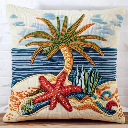 Kitquiver Landschaft Diy Knüpfen Set Kokospalmen Und Seesterne Diy-Knüpfhäkel-Sets,Bedruckter Kissenbezug,Heimdekoration 17x17in von Kitquiver