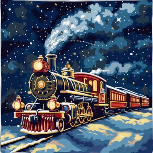 Kitquiver Landschaft Diy Knüpfstern Cartoon-Zug Diy-Kissenbezug Mit Gobelin-Stickerei,Kissen-Set Für Die Heimdekoration,Stickset Für Anfänger 17x17in von Kitquiver