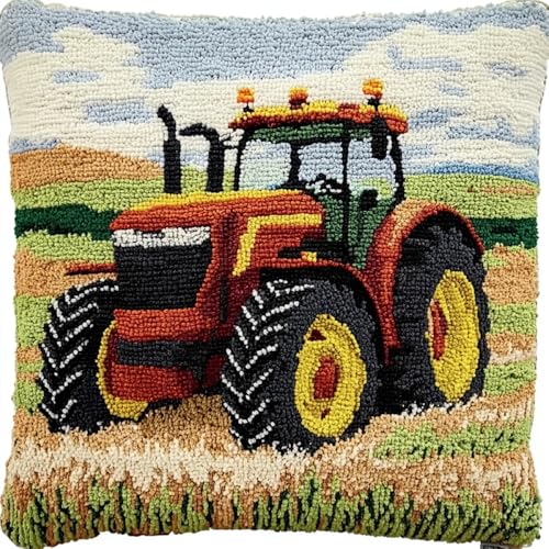 Kitquiver Landschaft Kissen Knüpfen Set Erwachsene Cartoon-Traktor Diy-Knüpfhäkel-Sets,Kissen,Nadelspitzen-Set Für Heimdekoration,Handarbeitsset Für Erwachsene Und Anfänger 17x17in von Kitquiver