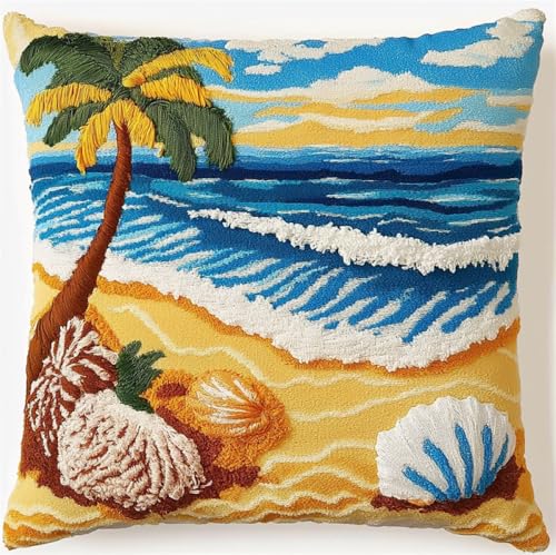 Kitquiver Landschaft Knüpfen Set Anfänger Strandmuscheln Diy-Knüpfhäkel-Set,Heimdekoration,Bestickte Kissen-Sets,Stickset Für Anfänger 17x17in von Kitquiver