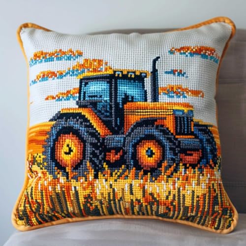 Kitquiver Landschaft Knüpfhaken Set Kissen Cartoon-Traktor Diy-Kissenbezug Mit Gobelin-Stickerei,Kissen-Set Für Die Heimdekoration,Stickset Für Anfänger 17x17in von Kitquiver