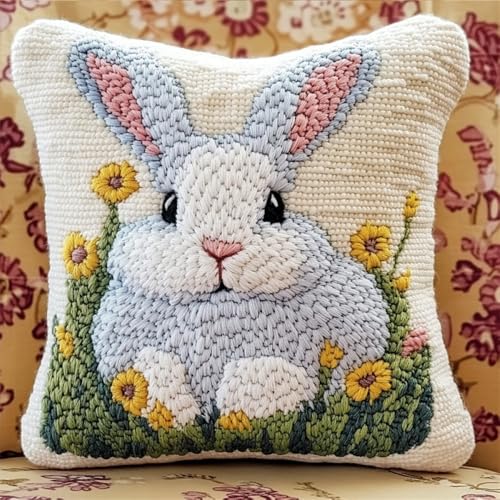 Kitquiver Tier Diy Knüpfen Set Kaninchen Und Blumen Diy-Knüpfhäkel-Sets,Bedruckter Kissenbezug,Heimdekoration 17x17in von Kitquiver
