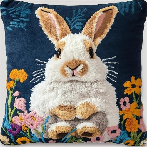 Kitquiver Tier Diy Knüpfkissen Set Kaninchen Und Blumen Knüpfhäkel-Set Für Erwachsene Und Anfänger,Stickerei-Häkelset,Diy-Kissenbezug-Sets 17x17in von Kitquiver