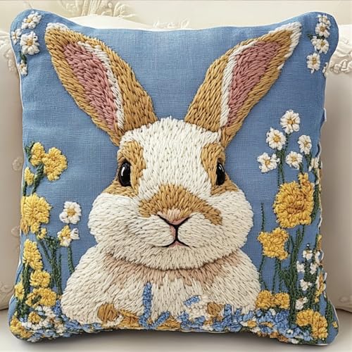 Kitquiver Tier Kissen Knüpfen Set Erwachsene Kaninchen Und Blumen Diy-Knüpfhäkel-Sets,Kissenbezug,Stickerei,Stricken,Geschenk Für Erwachsene/Anfänger 17x17in von Kitquiver