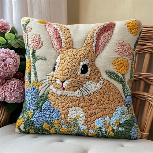 Kitquiver Tier Knüpfen Set Anfänger Kaninchen Und Blumen Knüpfhäkel-Set Für Erwachsene Und Anfänger,Stickerei-Häkelset,Diy-Kissenbezug-Sets 17x17in von Kitquiver