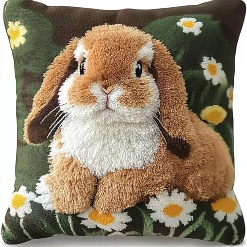 Kitquiver Tier Knüpfen Set Erwachsene Kaninchen Und Blumen Knüpfhäkel-Set,Kissen,Diy-Teppich,Häkelnadel,Kissenherstellungs-Sets Mit Vorgedrucktem Muster Auf Leinwand 17x17in von Kitquiver