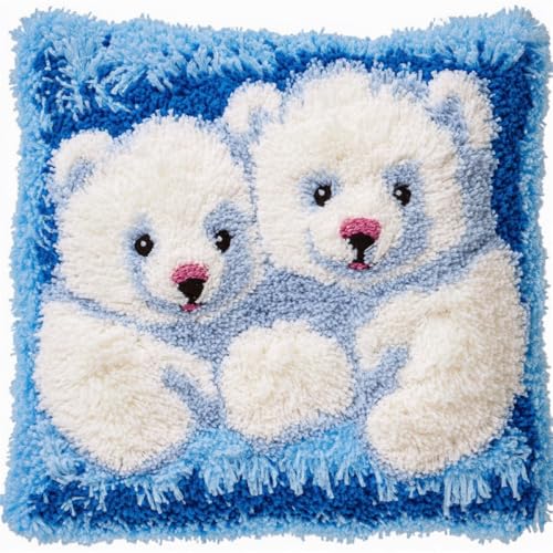 Kitquiver Tier Knüpfhaken Set Kissen Cartoon-Eisbär Knüpfhäkel-Set Für Erwachsene Und Anfänger,Stickerei-Häkelset,Diy-Kissenbezug-Sets 17x17in von Kitquiver