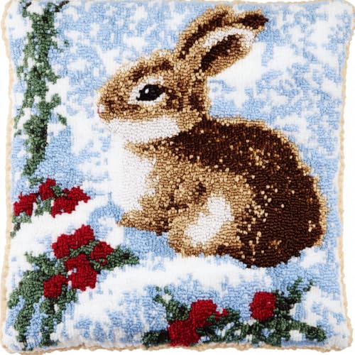Kitquiver Tier Knüpfhaken Set Kissen Kaninchen Im Schnee Häkel-Handarbeiten Mit Knüpfwerkzeug Für Erwachsene,Diy-Kissen-Sets Für Heimdekoration 17x17in von Kitquiver