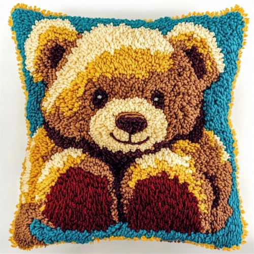 Kitquiver Tier Knüpfkissen Mit Vordruck Cartoon-Bär Knüpfkissen-Sets,Grobes Kreuzstich-Set,Diy-Stickerei-Nadelspitzen-Kit Für Heimdekoration 17x17in von Kitquiver