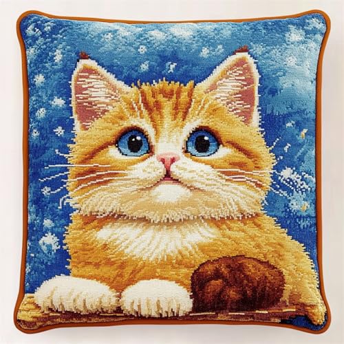 Kitquiver Tier Knüpfkissen Mit Vordruck Cartoon-Katze Häkel-Handarbeiten Mit Knüpfwerkzeug Für Erwachsene,Diy-Kissen-Sets Für Heimdekoration 17x17in von Kitquiver