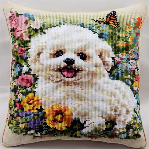 Knüpfhaken Set Kissen Cartoon-Welpen Und Blumen Diy-Knüpfhäkel-Set Für Teppiche Und Kissen Auf Leinwand Für Anfänger 17x17In von Kitquiver