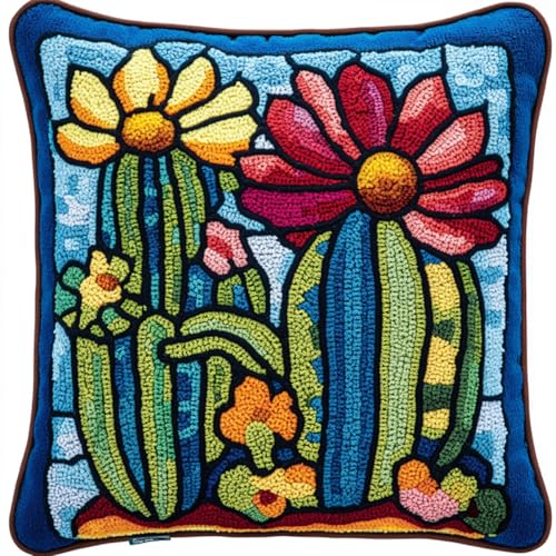 Knüpfkissen Mit Vordruck Bunte Kaktusblüten Diy-Knüpfhäkel-Set Für Teppiche Und Kissen Auf Leinwand Für Anfänger 17x17In von Kitquiver