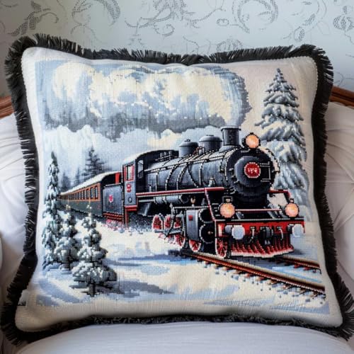 Landschaft Kissen Knüpfen Set Erwachsene Retro-Zug Diy-Knüpfhäkel-Set Für Teppiche Und Kissen Auf Leinwand Für Anfänger 17x17in von Kitquiver