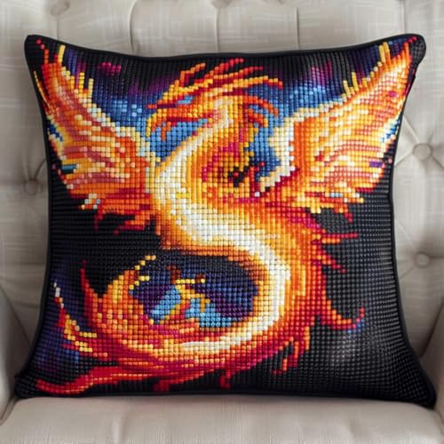 Stickpackung Kissen Anime Flamme Phönix Diy-Knüpfhäkel-Set Für Teppiche Und Kissen Auf Leinwand Für Anfänger B 17x17In von Kitquiver