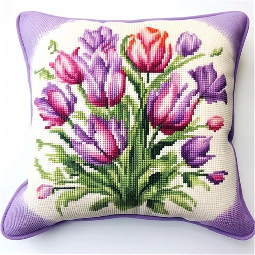 Stickpackung Kissen Lila Tulpenblüten Knüpfhäkel-Set Für Erwachsene Und Anfänger,Stickerei-Häkelset,Diy-Kissenbezug-Sets 17x17in von Kitquiver