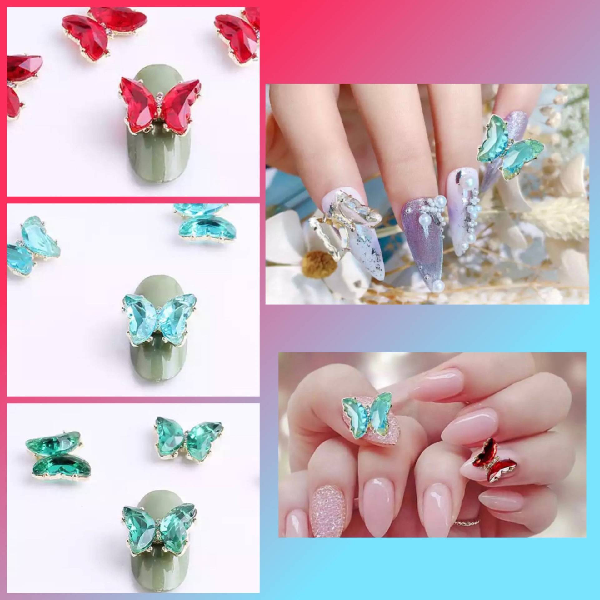 2Er Pack - 3D Crystal Butterfly Nail Charm Goldrand von KitschyNails