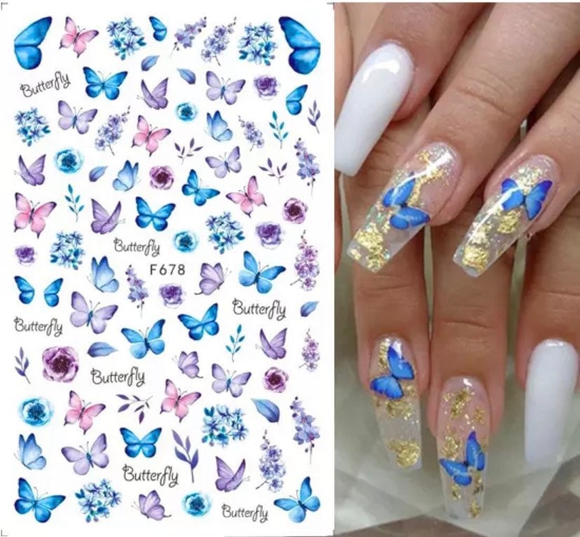 Blau, Lila Und Rosa Schmetterlinge Blumen Nail Art Sticker von KitschyNails