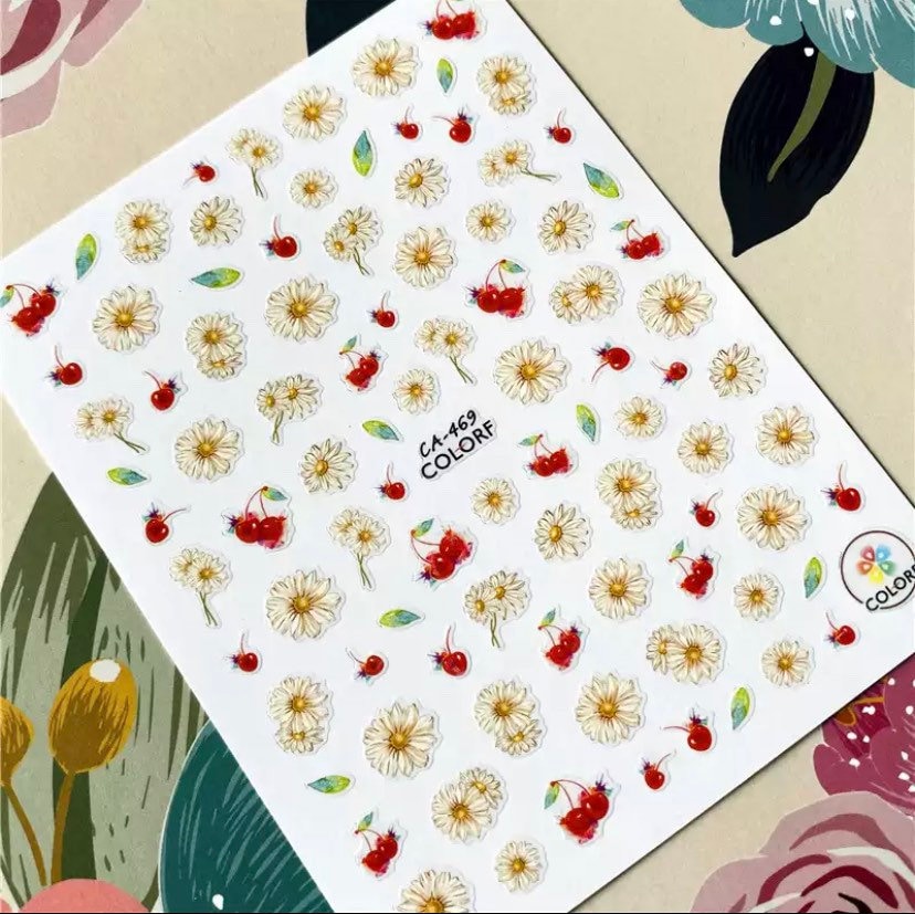 Gänseblümchen, Kirsche Und Blatt Blume 3D Nail Art Aufkleber von KitschyNails