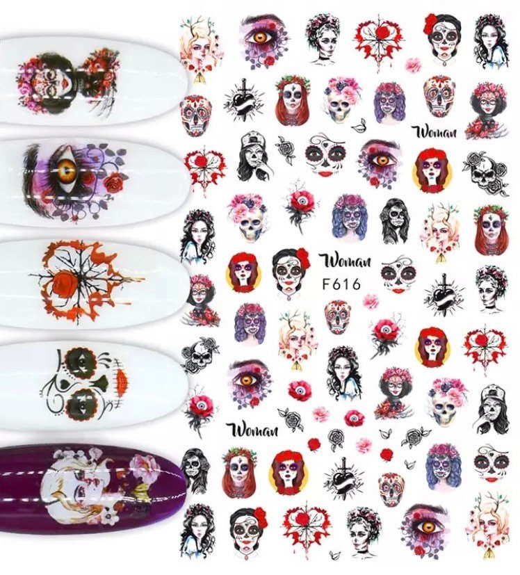 Halloween, Gruselige Frau, Augen, Totenkopf Und Blumen - Nail Art Set Sticker von KitschyNails