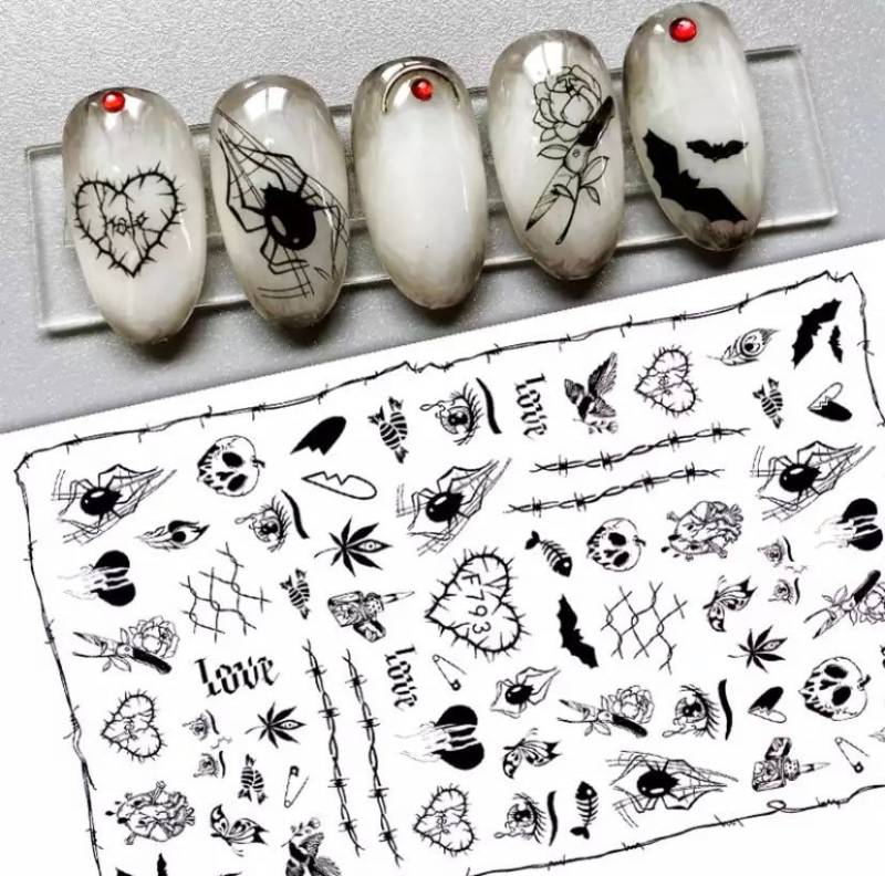 Halloween, Totenkopf, Spinne Und Weinendes Auge, Schwarzes Klares Design - Nail Art Stickers von KitschyNails