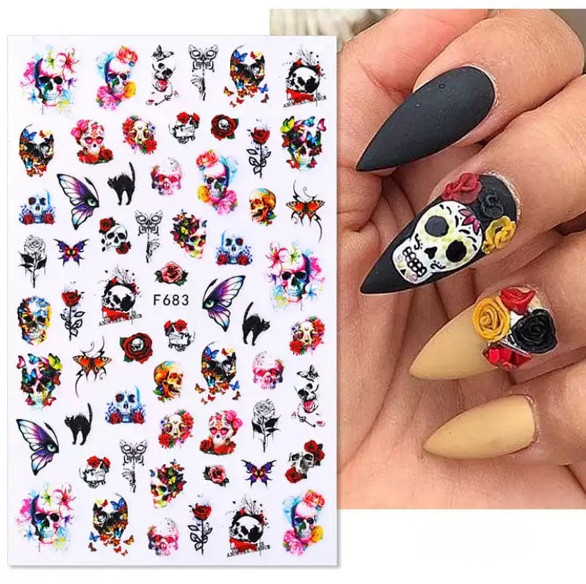 Halloween, Totenkopf Und Rosen, Schmetterlinge Schwarze Katze - Nail Art Stickers von KitschyNails