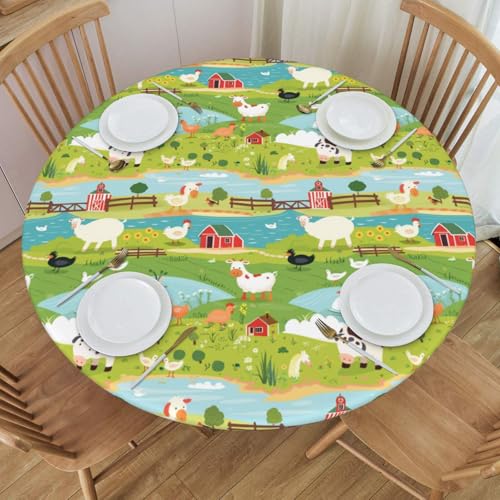 KiuLoam Runde Tischdecke mit niedlichem Cartoon-Stil, Bauernhoftiere, wasserdichte Tischdecke mit elastischem Rand für drinnen und draußen, passend für 114,3 cm - 127 cm, Größe M von KiuLoam