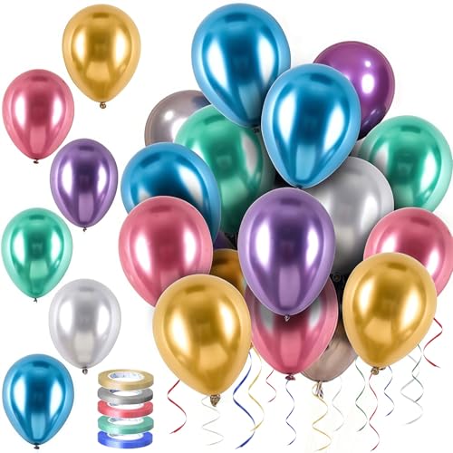 Bunt Helium Ballons, Metallicfarben Latex Ballons, Bunte Luftballons, 80PCS 12 Zoll Latexballons Metallic mit 5 Rollen 10m Farbiger Bänder Luftballons Metallic für Hochzeit Geburtstag Party von Kiuiom